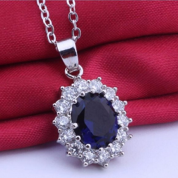 Fifth Avenue Vintage British Princess Wedding Blue Sapphire Pendant Necklace - Picture 4 of 12